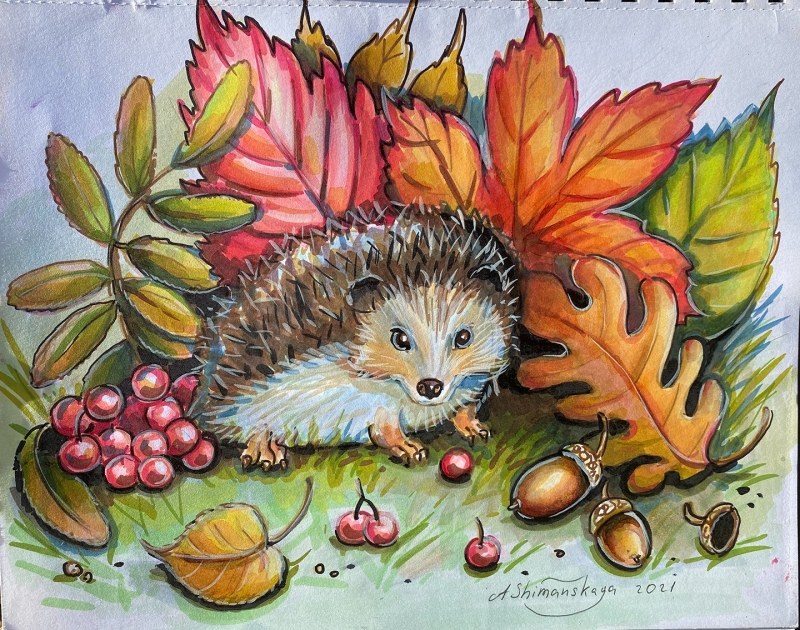 Hedgehog and autumn by artist Anastasia Shimanskaya